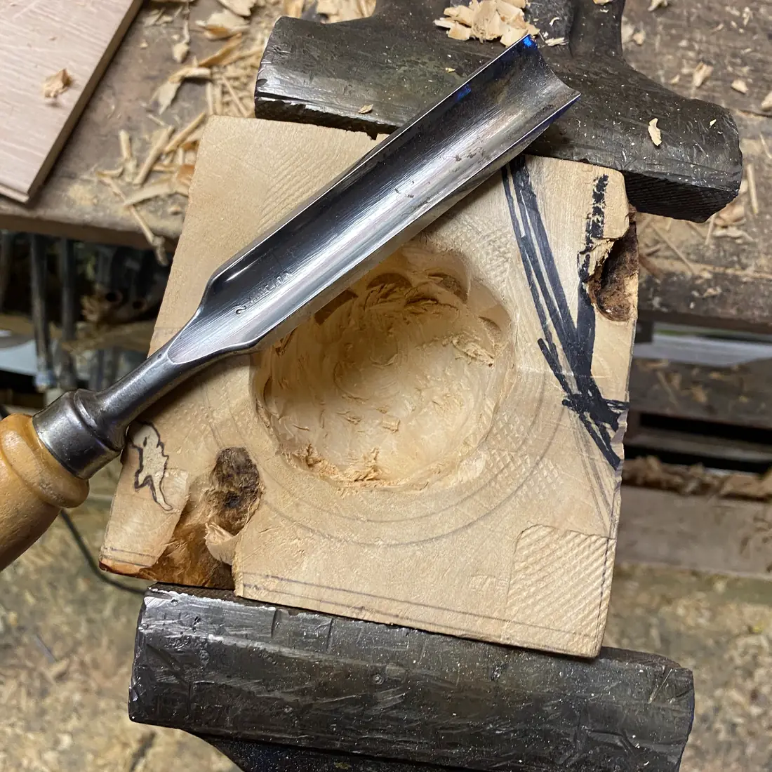 Gouge hollowing a wood block